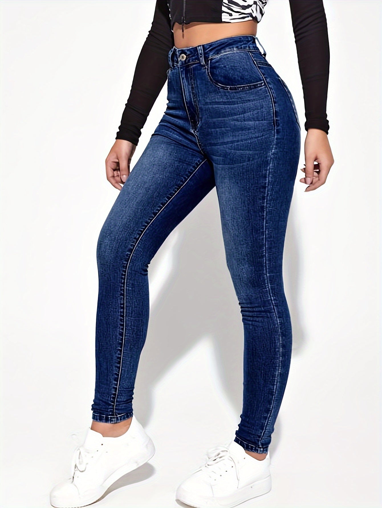 xieyinshe  Slim Fit Washed Skinny Jeans, High Stretch Slant Pockets Tight Jeans, Women's Denim Jeans & Clothing