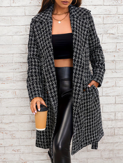 xieyinshe Houndstooth Pattern Double Breasted Overcoat, Elegant Lapel Long Sleeve Outerwear, Women's Clothing