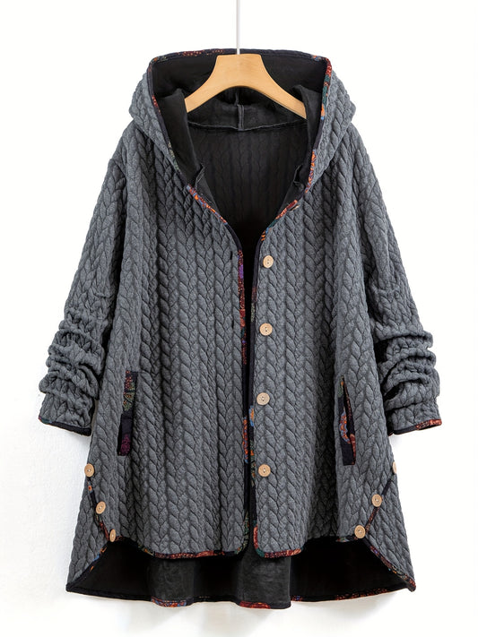 xieyinshe Plus Size Rib Knit Solid Hoodie Colorblock Floral Print Coat, Women's Plus Slight Stretch Casual Winter Coat