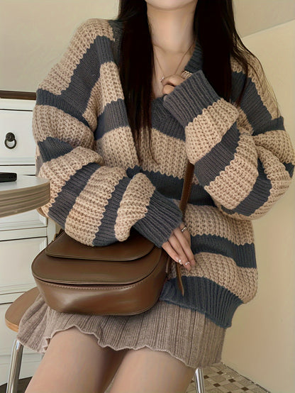 xieyinshe  Striped V Neck Pullover Sweater, Casual Long Sleeve Drop Shoulder Sweater, Women's Clothing