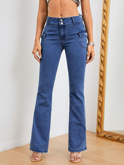 xieyinshe  Plain Flap Pockets Cargo Flare Jeans, High Stretch Mid Waist Bell Bottom Jeans, Women's Denim Jeans & Clothing