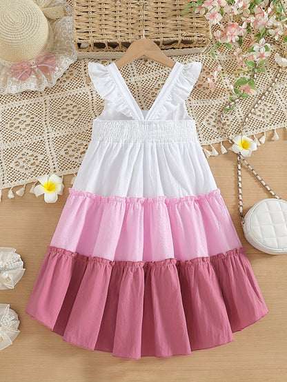 100% Cotton Little Princess Sleeveless Color Block Ruffle Trim Dress - Soft, Breathable, Regular Fit, Perfect for Summer Holiday Party and Outdoor Play - Girls Casual Wear