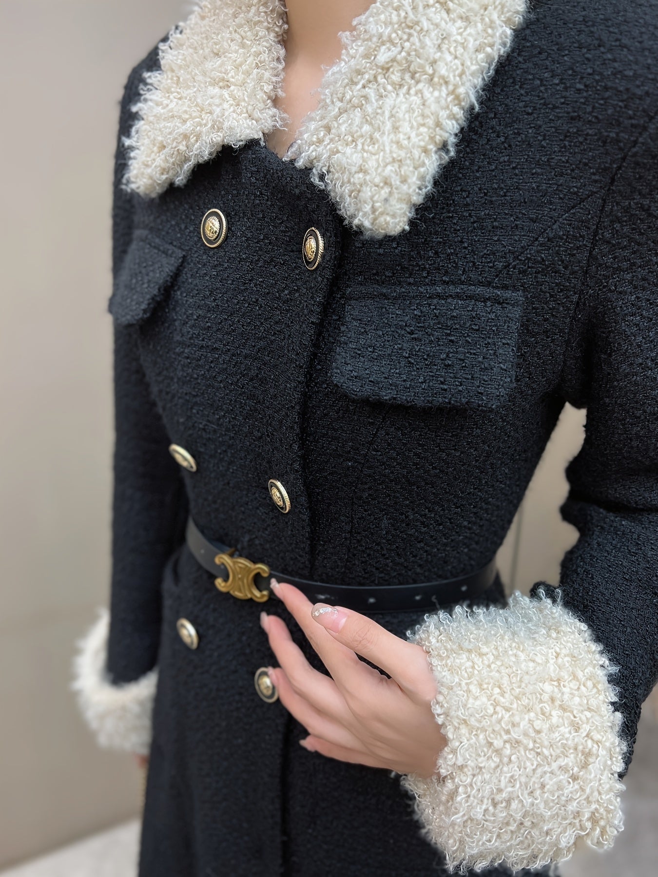 Fuzzy Trim Double-breasted Coat, Elegant Long Sleeve Lapel Coat For Fall & Winter, Women's Clothing