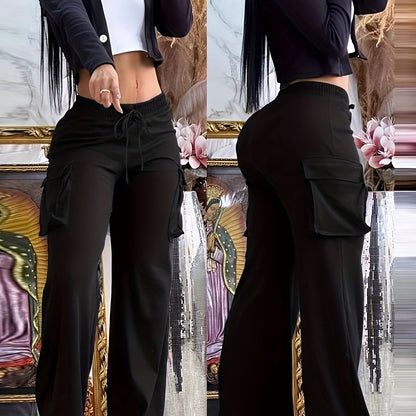 xieyinshe  Plus Size Casual Pants, Women's Plus Solid Elastic Drawstring Wide Leg Cargo Pants