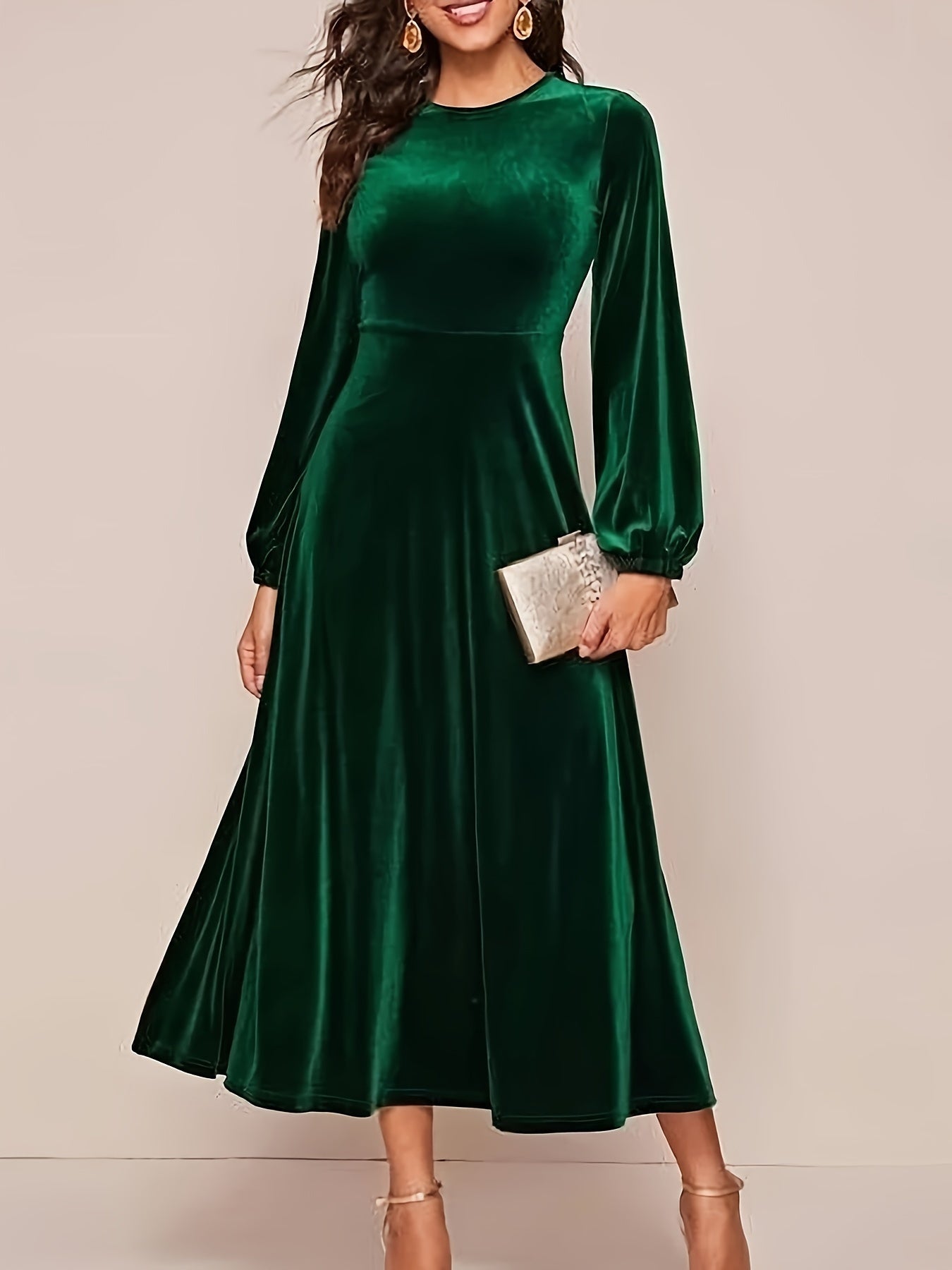 xieyinshe Plus Size Elegant Dress, Women's Plus Solid Velvet Lantern Sleeve Round Neck Dress