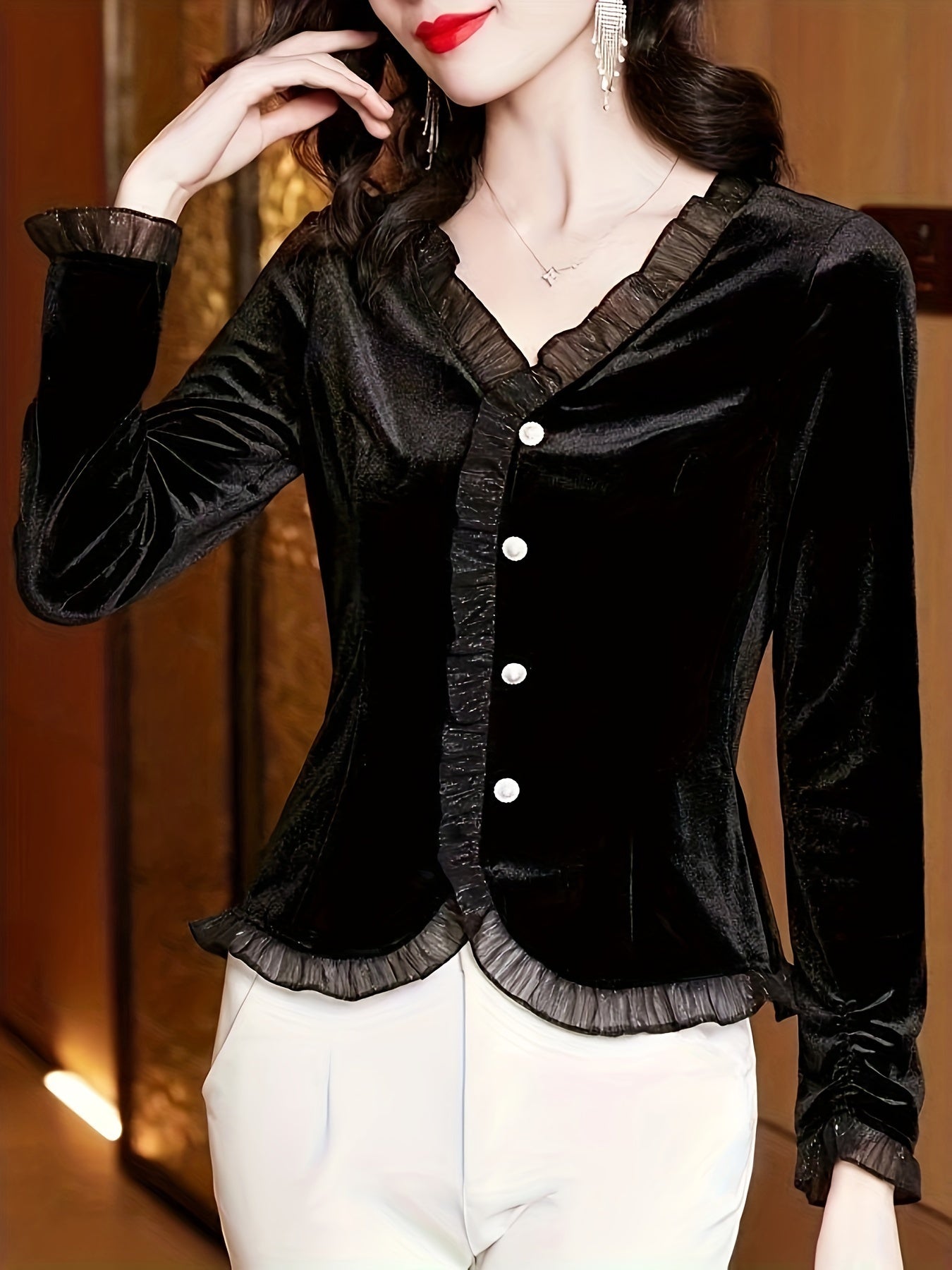 xieyinshe Velvet Lace Contrast Trim Top, Button Front V Neck Long Sleeve T-shirt, Women's Clothing