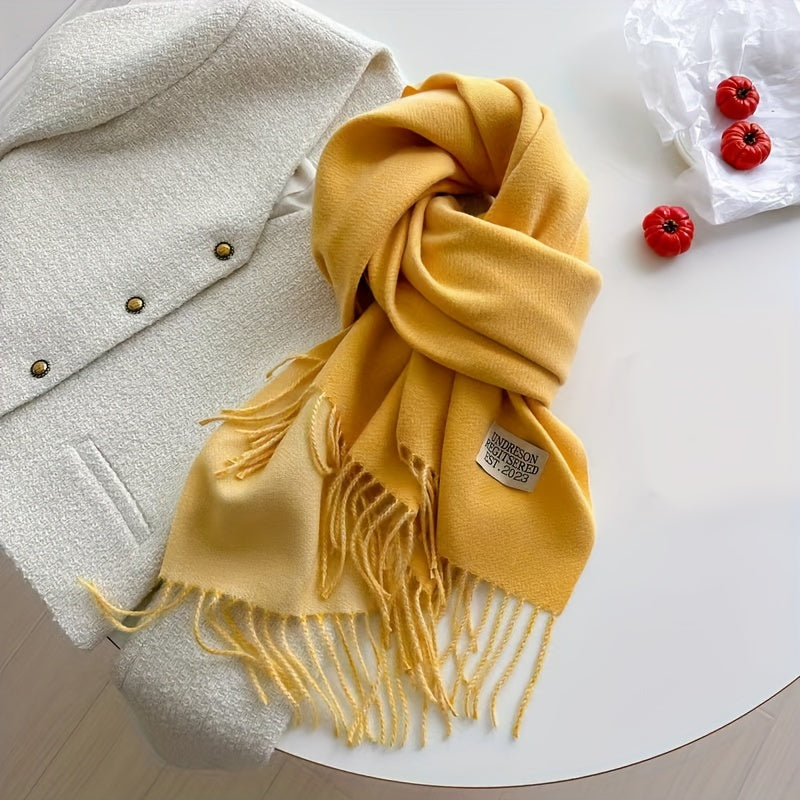 Letter Patched Winter Scarf, Tassel Trim Fashion Windproof Neck Cover Casual Warm Shawl Scarf For Women Winter Gift For Music Festival