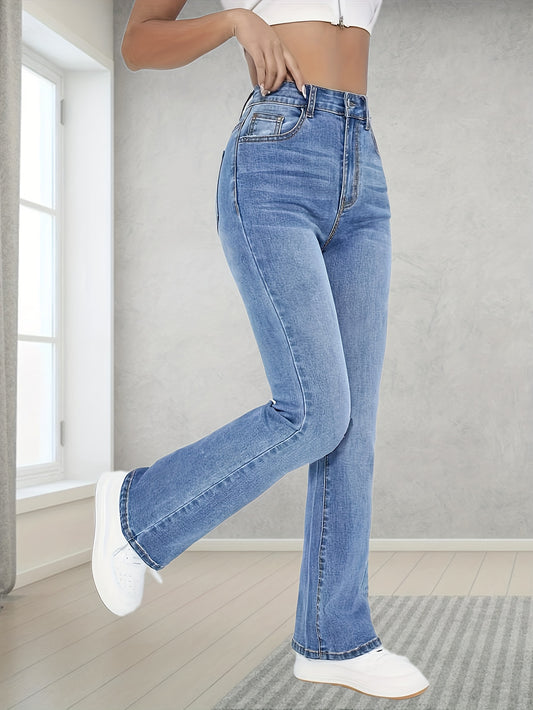 xieyinshe  Light Blue Casual Bootcut Jeans, Mid-Stretch Slant Pockets High Waist Denim Pants, Women's Denim Jeans & Clothing