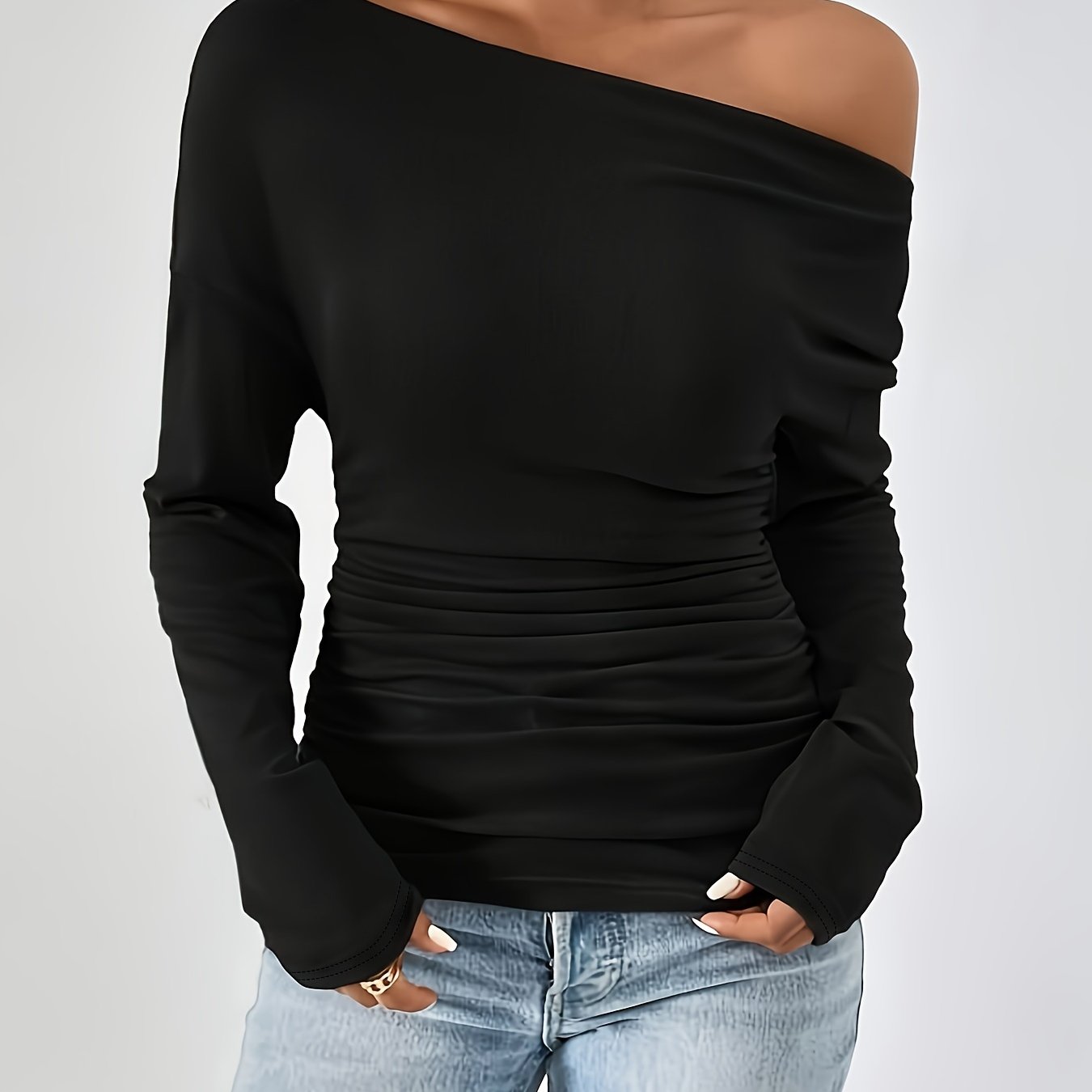 xieyinshe  Solid Asymmetrical Neck Ruched T-Shirt, Casual Long Sleeve Top For Spring & Fall, Women's Clothing