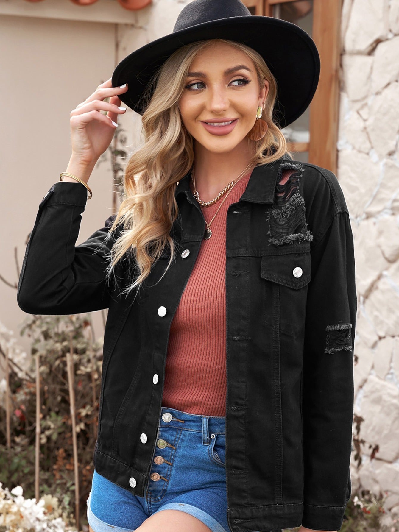 Distressed Button Up Denim Jackets, Casual Solid Color Flap Pockets Ripped Long Sleeve Denim Coats, Women's Denim Clothing