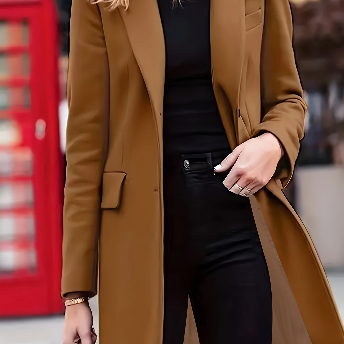 xieyinshe  Plus Size Elegant Trench Coat, Women's Plus Solid Long Sleeve Single Breast Button Lapel Collar Longline Trench Coat With Flap Pockets