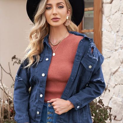 Distressed Button Up Denim Jackets, Casual Solid Color Flap Pockets Ripped Long Sleeve Denim Coats, Women's Denim Clothing