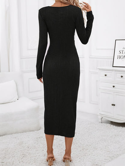 xieyinshe  Solid Crew Neck Ruched Knitted Dress, Elegant Long Sleeve Split Bodycon Midi Dress, Women's Clothing