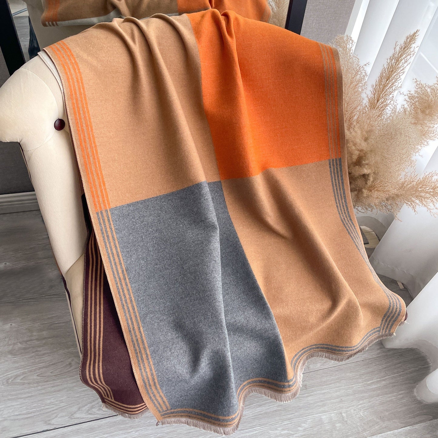 xieyinshe  Geometric Striped Jacquard Scarf Imitation Cashmere Fringe Warm Scarf Autumn Winter Coldproof Wrap Scarf