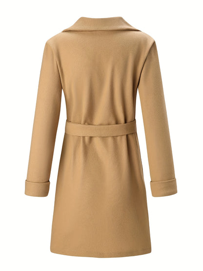 xieyinshe  Lapel Neck Belted Coat, Elegant Long Sleeve Coat For Fall & Winter, Women's Clothing