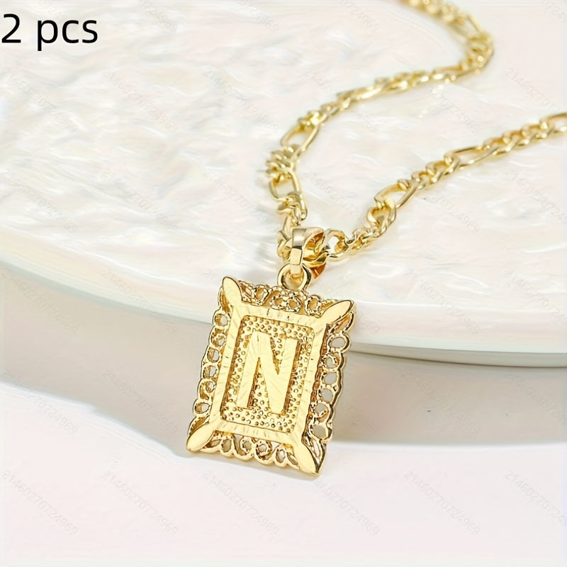 2 pcs Personalized Initial Letter Pendant Necklace - 18K Gold Plated Square Capital Monogram in Figaro Chain - Fashionable Alloy Necklace for Men and Women with A-Z Alphabet Options