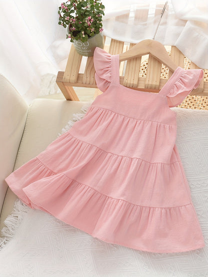 Toddler Girls Ruffled Sleeves Square Collar Ruffle Hem Cotton Princess Dress For Party Beach Vacation Kids Summer Clothes