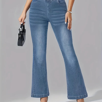 xieyinshe  Elastic Waist Casual Flare Jeans, High Stretch Slant Pockets Washed Bell Bottom Jeans, Women's Denim Jeans & Clothing