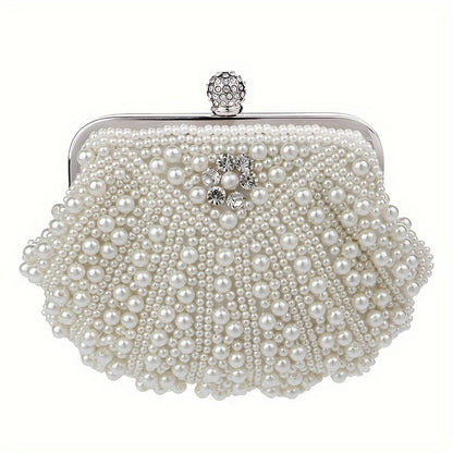 Beaded Shell Design Evening Bag - Exquisite Faux Pearl Embellished Clutch Purse with Delicate Beading, Stylish Womens Formal Dress Handbag for Special Occasions - Ideal for Glamorous Wedding Parties, Prom Nights, and Black-Tie Banquets, Perfect Accessory