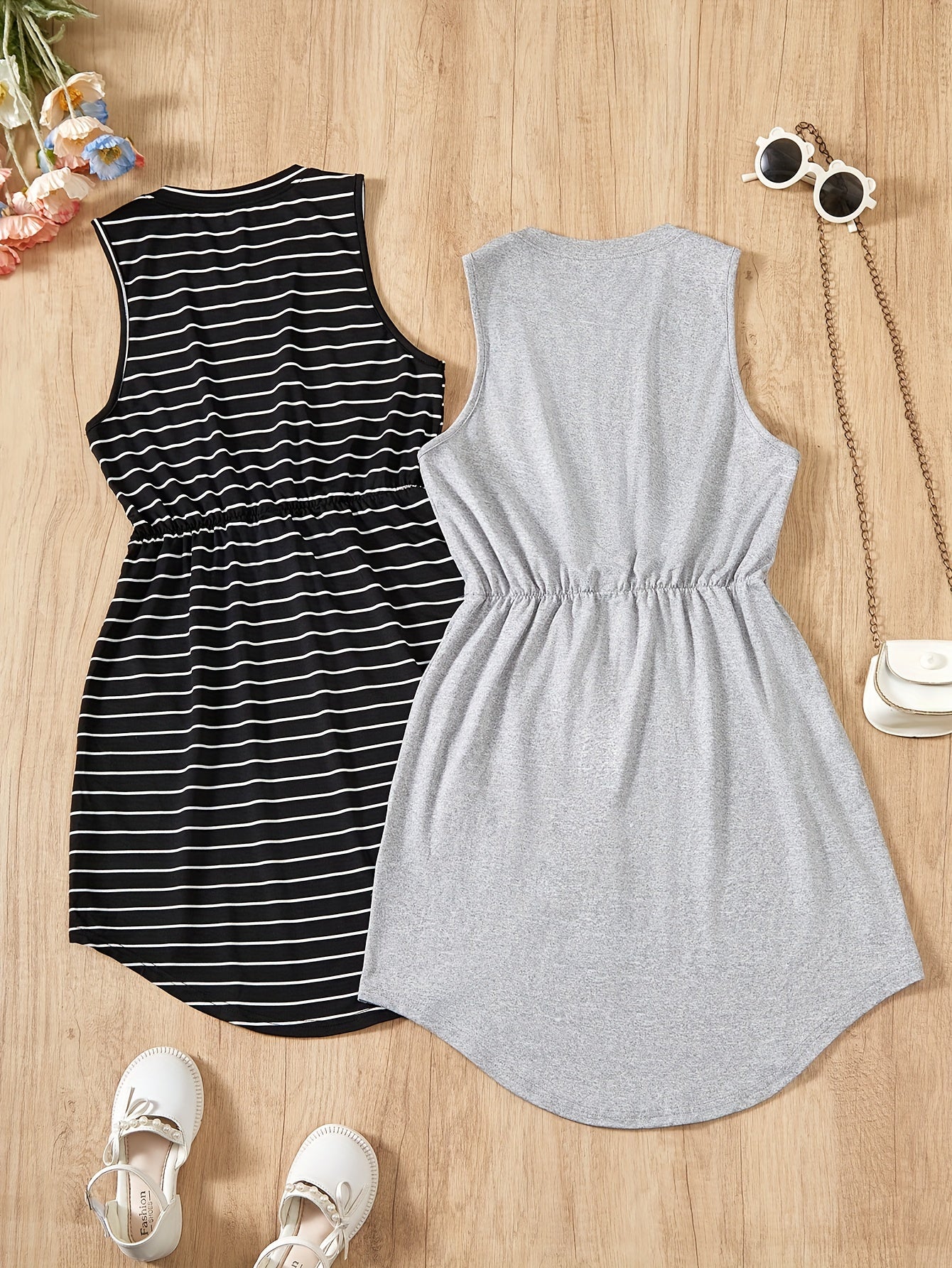 2PCS Teen Girls Fashionable Striped Sleeveless Tunic Dresses - Comfy & Breathable, Perfect for Summer Outings & Casual Wear