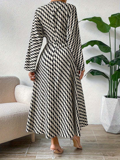 xieyinshe Striped Print High Waist Dress, Casual V Neck Long Sleeve Maxi Dress, Women's Clothing