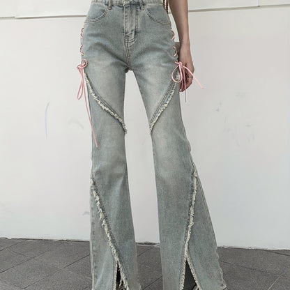 xieyinshe  Tie Side High Waist Flared Jeans, Split Front Raw Trim Washed Bell Bottom Denim Pants, Women's Denim Jeans & Clothing