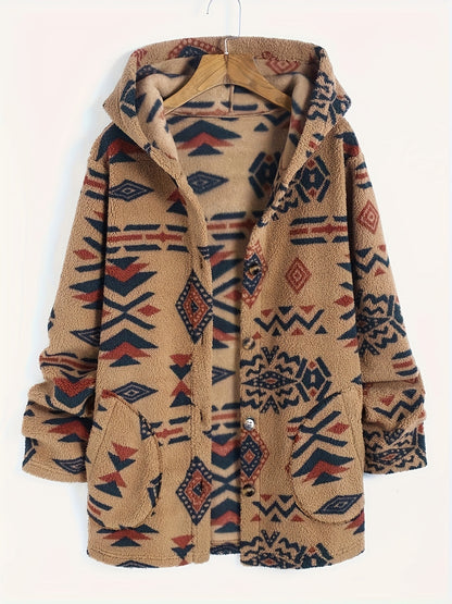 Aztec Print Hoodie Plush Coat, Casual Slant Pockets Button Front Outerwear, Women's Clothing