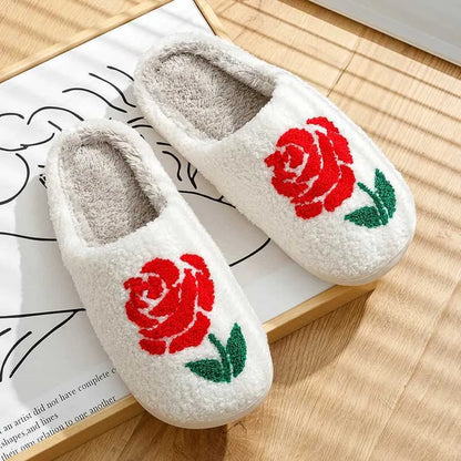 Slippers Womens Slippers Home Rose Embroidery Fuzzy Romantic Love Gifts for Girlfriends Winter Indoor Anti Slip Comfortable Houseshoes