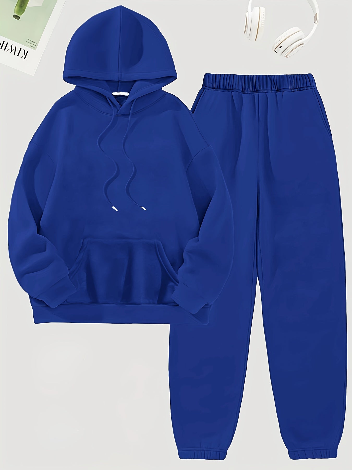 Solid Casual Two-piece Set, Drawstring Long Sleeve Hoodies & Workout Jogger Pants Outfits, Women's Clothing