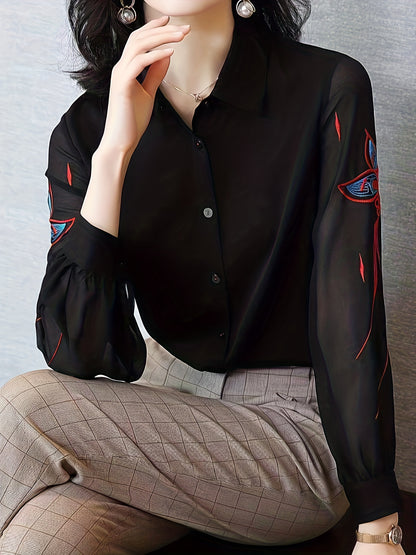 Button Front Embroidered Shirt, Casual Long Sleeve Semi-sheer Shirt For Spring & Fall, Women's Clothing