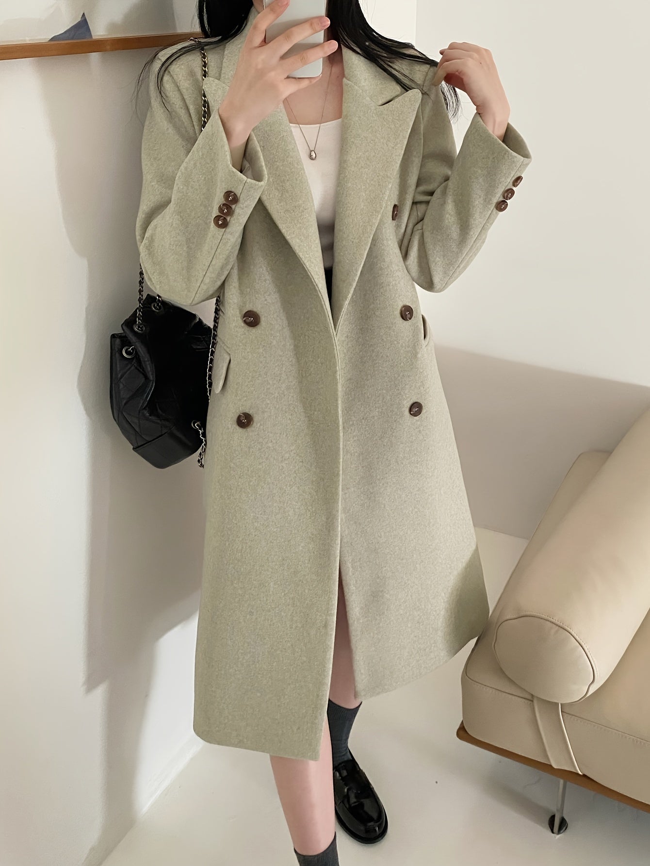 xieyinshe  Solid Color Double-breasted Coat, Casual Long Sleeve Lapel Coat For Fall & Winter, Women's Clothing