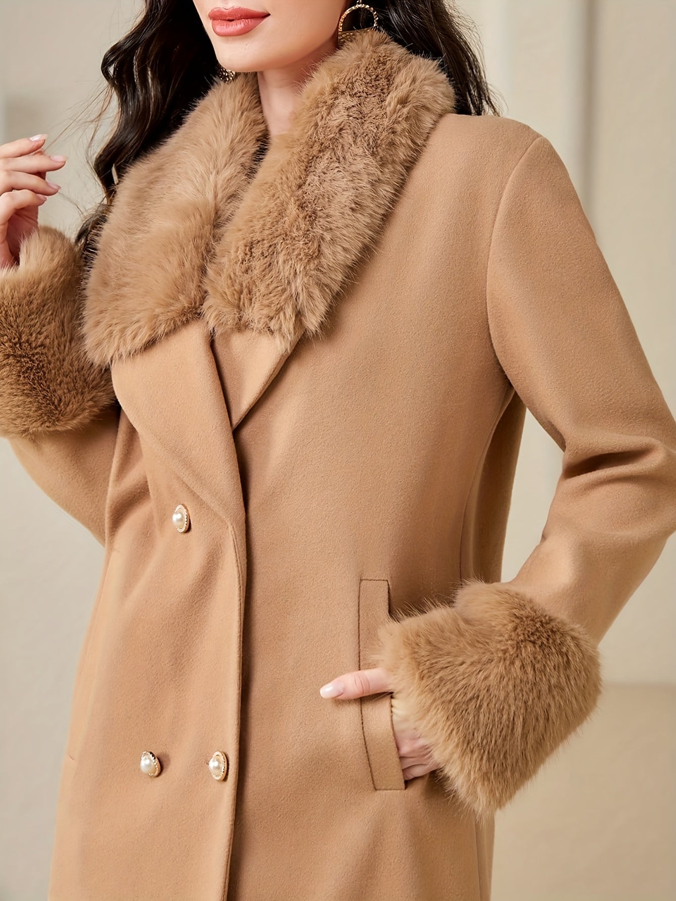 Faux Fur Collar Double Breasted Coat, Elegant Long Sleeve Winter Warm Outerwear, Women's Clothing