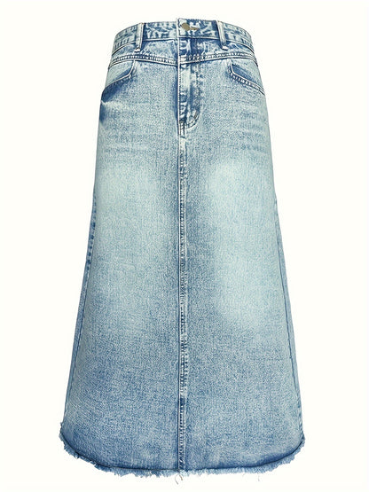 xieyinshe  Raw Hem Slash Pocket Loose Fit Denim Skirt, Vintage Style A-line Maxi Denim Skirt, Women's Denim Jeans & Clothing