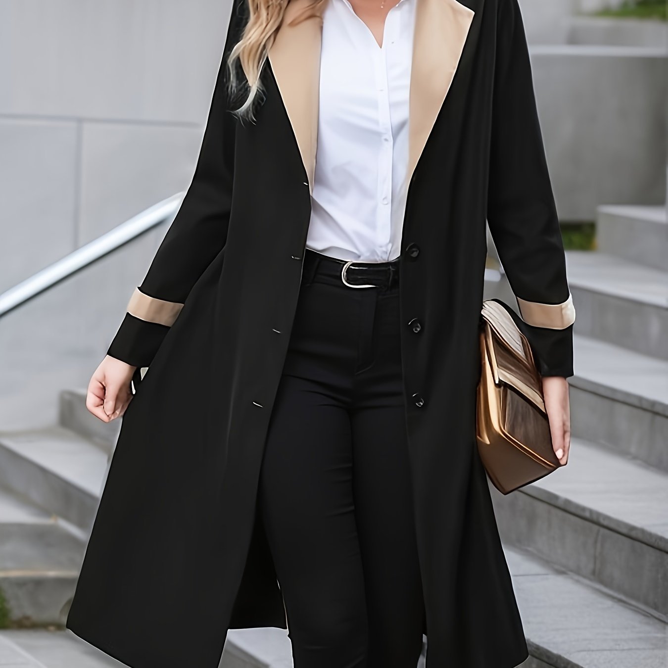 xieyinshe  Button Front Contrast Trim Trench Coat, Casual Long Sleeve Trench Coat, Women's Clothing