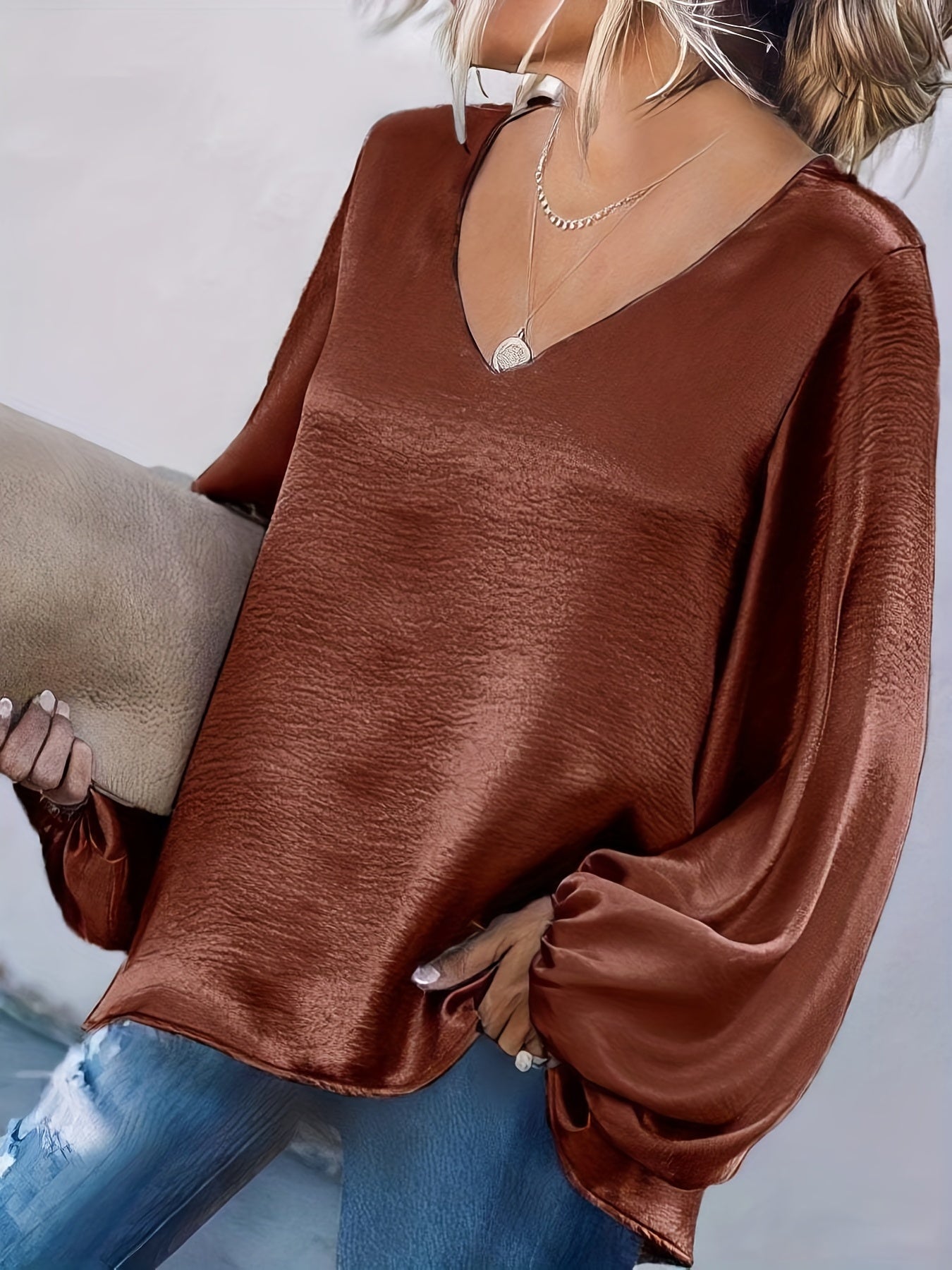 Plus Size Casual Top, Women's Plus Solid Satin Lantern Sleeve V Neck Slight Stretch Pullover Top