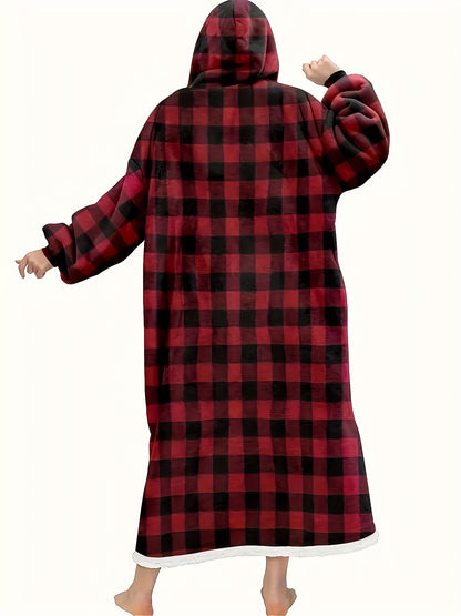 Men's Fashion Pajamas Plaid Hooded Warm Flannel Bathrobe With Pockets, Comfortable Breathable Skin Friendly After Bath Loungewear