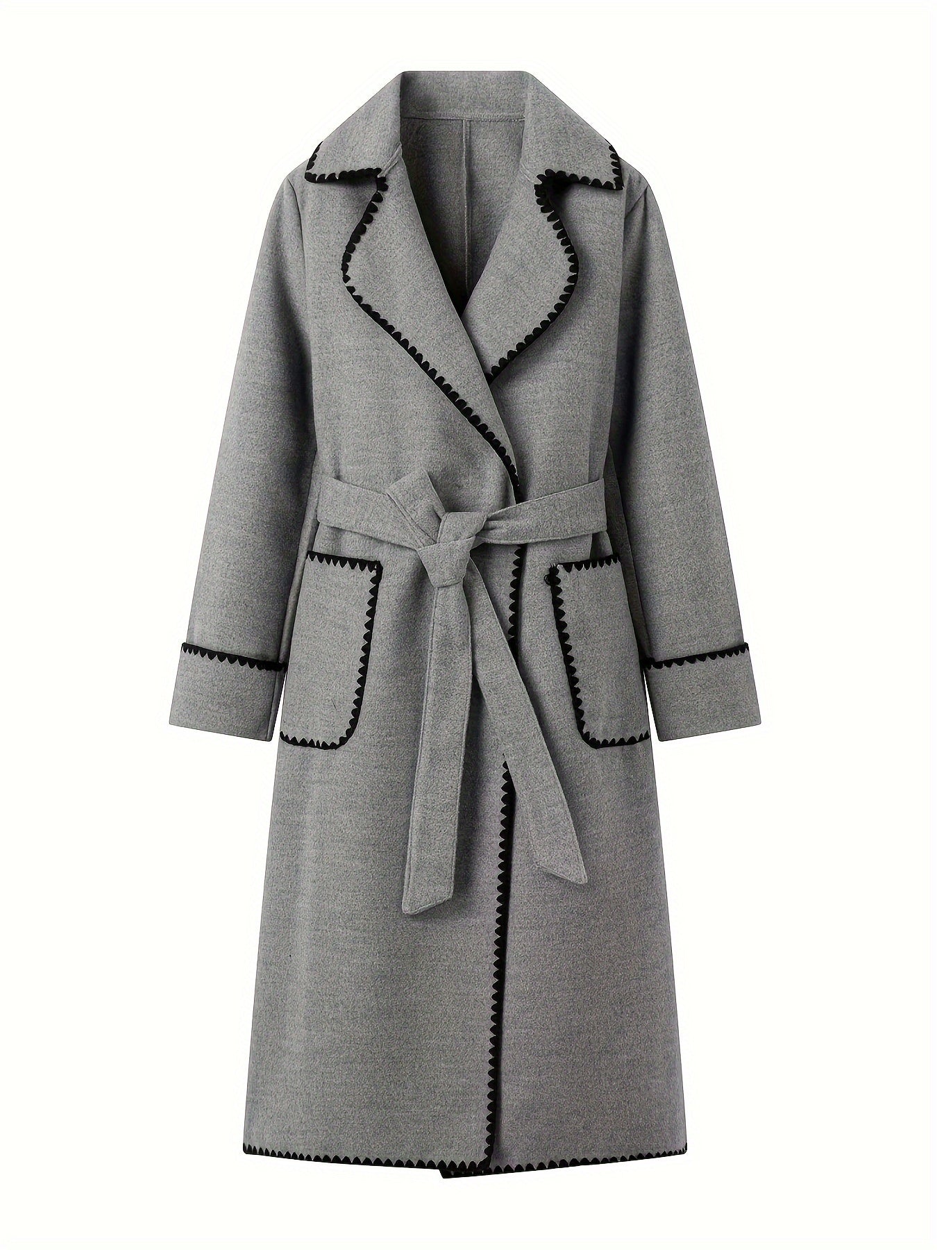 Contrast Trim Pockets Belted Overcoat, Elegant Long Sleeve Outwear For Fall & Winter, Women's Clothing