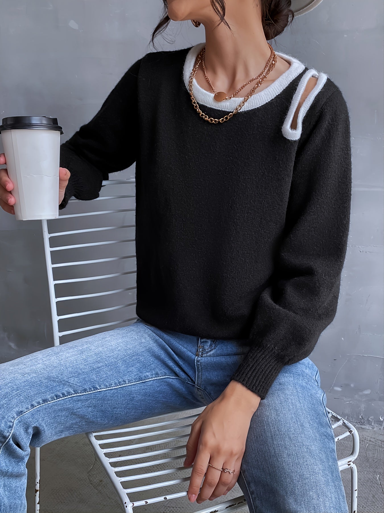 Sexy Cutout Shoulder Crew Neck Sweater, Casual Loose Simple Fashion Long Sleeve Basic Fall & Winter Sweater, Women's Clothing