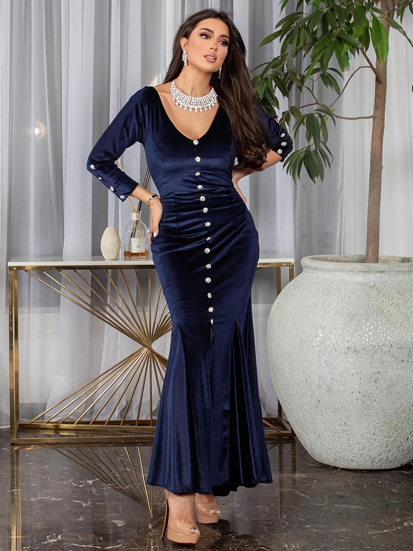 Solid Single Button V-neck Pleated Dress, Elegant Long Sleeve Velvet Dress For Party & Banquet, Women's Clothing