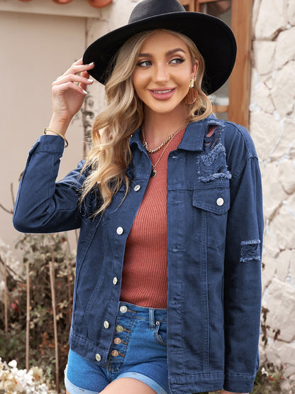 Distressed Button Up Denim Jackets, Casual Solid Color Flap Pockets Ripped Long Sleeve Denim Coats, Women's Denim Clothing