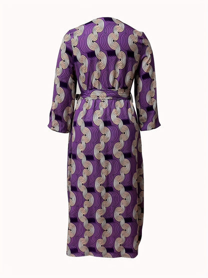 Plus Size Sexy Dress, Women's Plus Allover Geometric Print Lantern Sleeve V Neck Maxi Dress With Belt