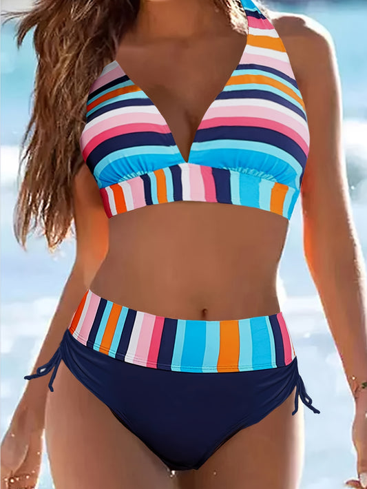 2 Piece Colorful Strip Print Halter Bikini Set - High Stretch, Tie Neck, Sexy, Drawstring, Women's Swimwear & Clothing for Beach Vacation