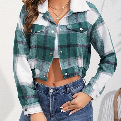 Button Plaid Faux Fur Collar Jacket, Casual Long Sleeve Crop Jacket For Fall & Winter, Women's Clothing