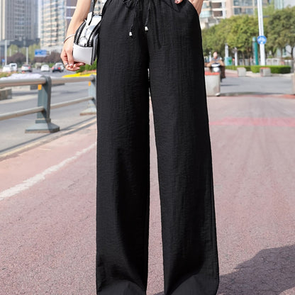 xieyinshe  Minimalist Solid Drawstring Pants, Casual Long Length Elastic Waist Wide Leg Pants, Women's Clothing