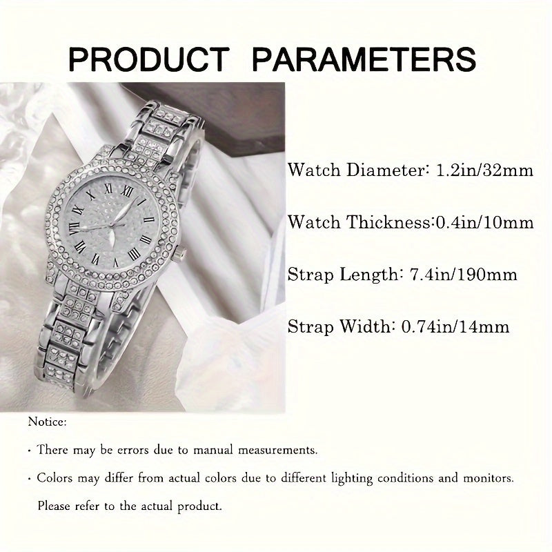 6pcs/set Women's Watch Luxury Rhinestone Quartz Watch Rome Fashion Analog Wrist Watch & Jewelry Set, Gift For Mom Her