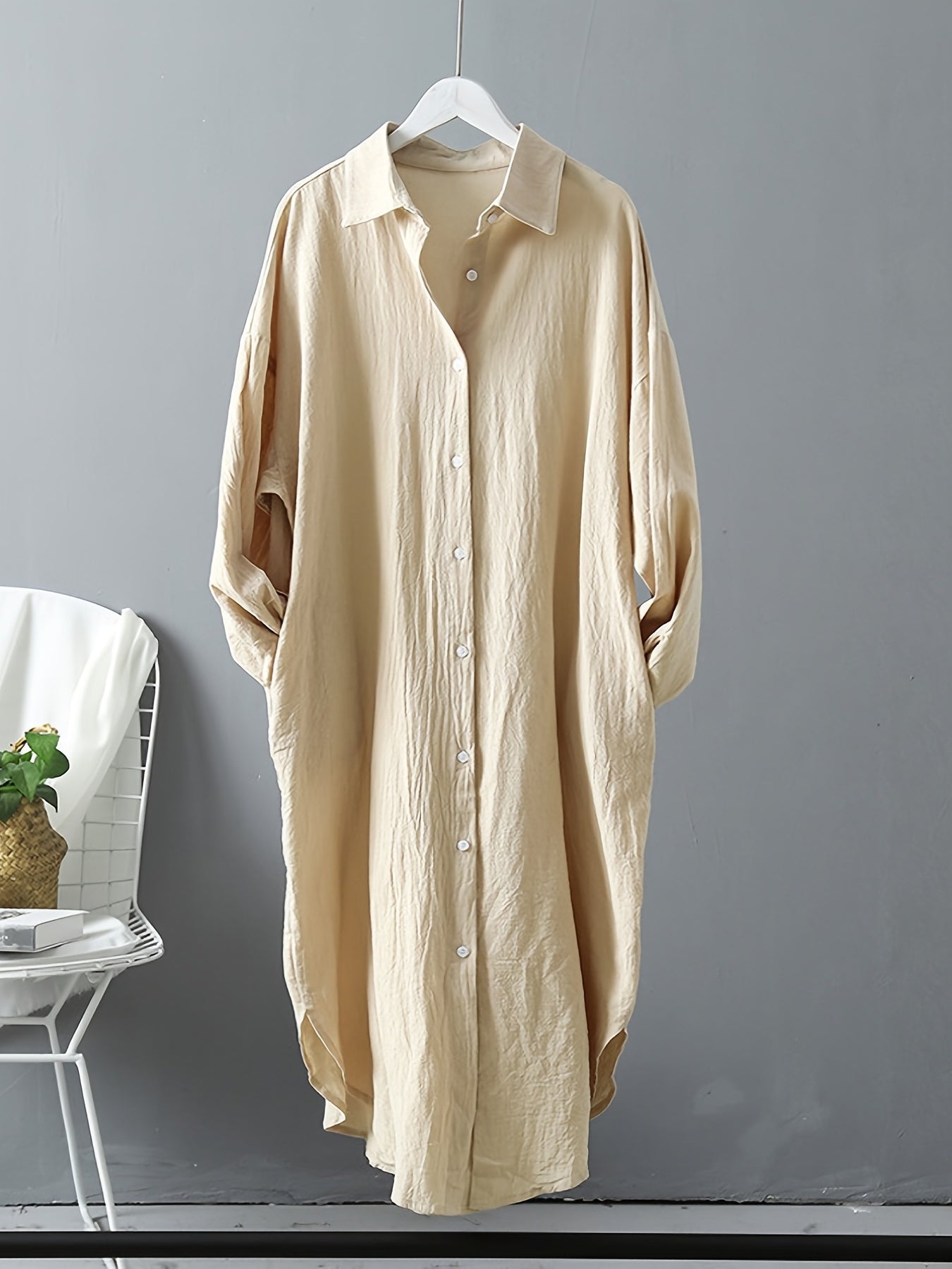 Loose Long Sleeve Solid Lapel Shirt, Casual Medium Longline Button Shirt, Women's Clothing