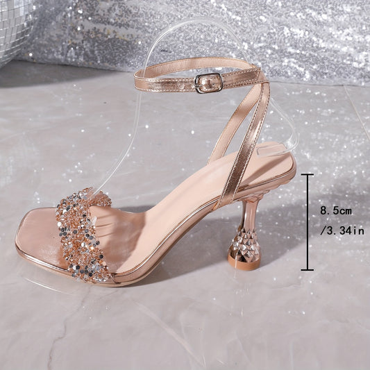 Stunning Rhinestone High Heeled Sandals - Fashionable Square Open Toe Design, Adjustable Ankle Strap, Comfortable Heels for Wedding, Party, and Special Occasions - Perfect Dress Shoes for Women