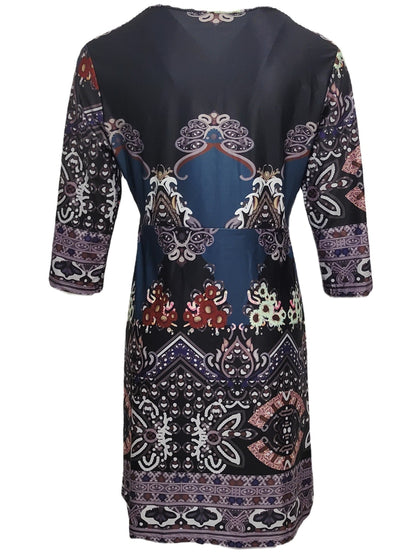 Ethnic Print 3/4 Sleeve Dress, Casual Crew Neck Ruched Mini Dress, Women's Clothing