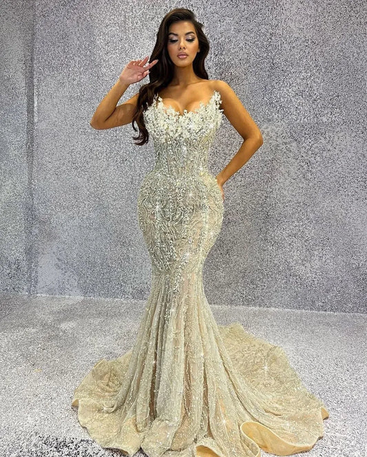 Sparkly Mermaid Evening Dresses Sleeveless V Neck Beaded crystal Prom dress Floor Length Formal Dresses for Special Occasion