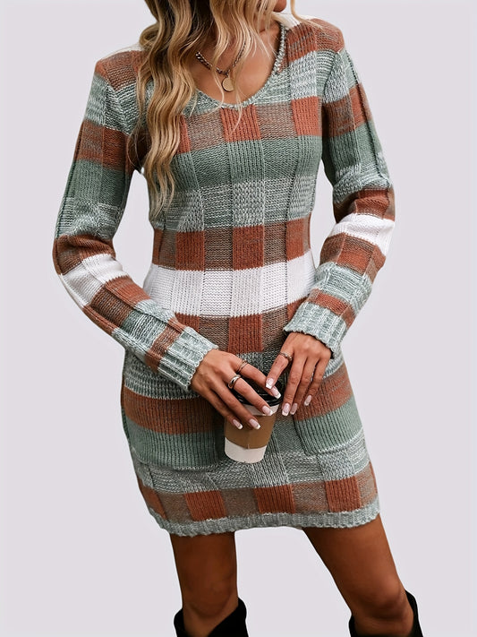 xieyinshe Striped Pocket Front Dress, Vintage Crew Neck Long Sleeve Dress, Women's Clothing